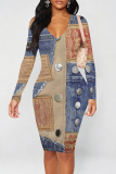 Dark Blue Casual Faux Denim Print Contrast V Neck Long Sleeve Bodycon Midi Dresses