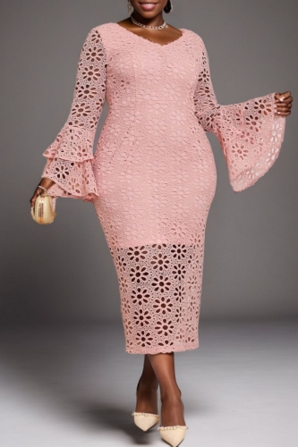 Pink Casual Hollow Out V Neck Flare Sleeve Long Party Lace Gown Formal Evening Bodycon Midi Dresses