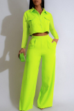 Black Casual Turndown Collar Long Sleeve Pocket Buckle Crop Blouse And Wide Leg Pants Vacation Two Pieces Trouser Sets