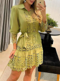 White Shirt Collar Long Sleeve With Belt Ruffle Hem Vacation Blouse