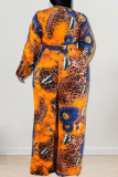 Green Casual Print V Neck Long Sleeve Plus Size Vacation Wide Leg Jumpsuits