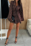 Leopard Flowers Print Belted Turndown Collar Long Sleeve Formal Office Lady Blazer Jackets