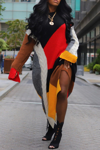 Colorblock Long Sleeve Asymmetrical Hem Oversized Fit Fall Winter Casual Knit Maxi Sweater Dress