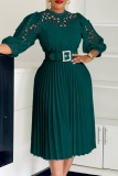 Purple Formal Knitted Lace O Neck Short Sleeve Zipper Hollow Out With Belt Evening Party Office Lady Wedding Guest Pleated Midi Dresses