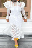 White Sweet Striped Print Asymmetrical Half A Turtleneck Puff Sleeve Flounce Ruffle Hem Vacation A Line Maxi Dresses