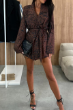 Leopard Flowers Print Belted Turndown Collar Long Sleeve Formal Office Lady Blazer Jackets