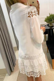 White Shirt Collar Long Sleeve With Belt Ruffle Hem Vacation Blouse