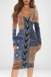 Dark Blue Casual Faux Denim Print Contrast V Neck Long Sleeve Bodycon Midi Dresses