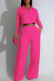 Black Casual Turndown Collar Long Sleeve Pocket Buckle Crop Blouse And Wide Leg Pants Vacation Two Pieces Trouser Sets