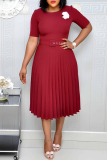 Green Casual O Neck Short Sleeve Plus Size Formal Office Lady A Line Pleated Midi Dresses