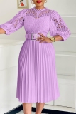 Purple Formal Knitted Lace O Neck Short Sleeve Zipper Hollow Out With Belt Evening Party Office Lady Wedding Guest Pleated Midi Dresses