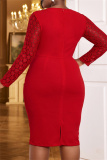 Red O Neck Long Sleeve Ruffle Trim Formal Evening Party Wedding Guest Bodycon Midi Dresses