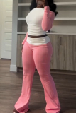 Pink Casual O Neck Long Sleeve Crop Top And Skinny Pants Sportwear Two Pieces Trouser Sets