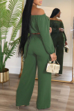 Green Casual Off Shoulder Long Sleeve Crop Blouse And Wide Leg Pants Vacation Two Pieces Trouser Sets