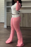 Pink Casual O Neck Long Sleeve Crop Top And Skinny Pants Sportwear Two Pieces Trouser Sets