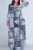 Dark Blue Casual Faux Denim Print Long Sleeve Floor Length Loose Vacation Baggy Maxi Dress