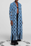 Blue Casual Turndown Collar Long Sleeve Fringed Trim Hollow Out Longline Denim Jacket