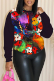 Rose Red Casual Floral Print O Neck Long Sleeve Fall Winter Sweatshirt