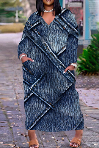 Gray Blue Casual Graphics Print Basic V Neck Long Sleeve Loose Pockets Straight Maxi Dress