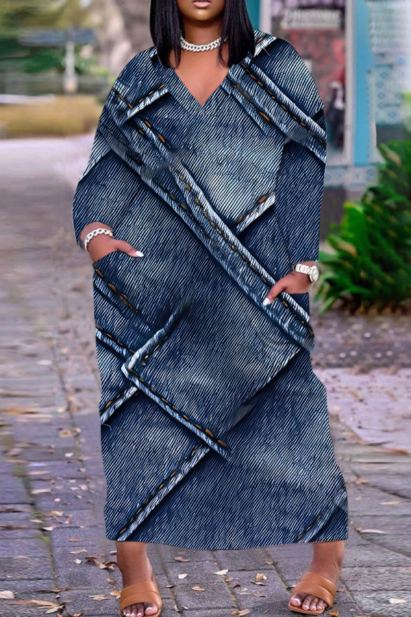 Gray Blue Casual Graphics Print Basic V Neck Long Sleeve Loose Pockets Straight Maxi Dress