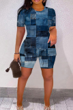 Dark Blue Casual Faux Denim PrintO Neck Short Sleeve Oversize T-Shirt And Shorts Two Pieces Shorts Sets