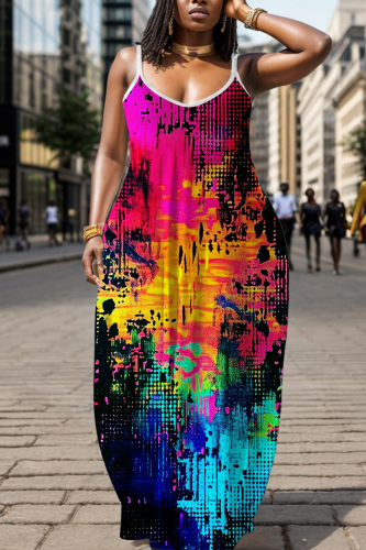 Blue Graphcis Print Backless Spaghetti Strap Floor Length Vacation Baggy Sundress Slip Maxi Dress