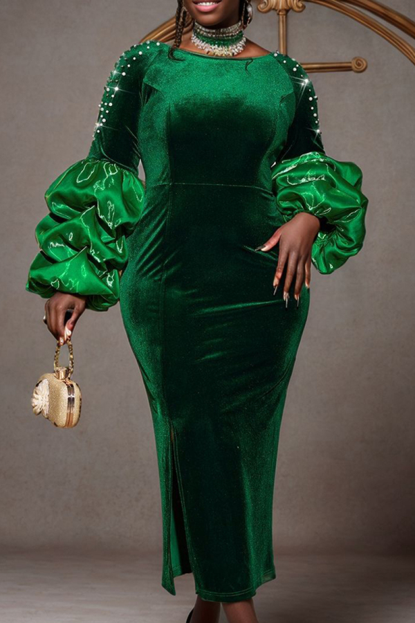 Green Zipper O Neck Pile Up Sleeves Slit Beading Formal Evening Party Formal Evening Party Bodycon Velvet Maxi Dress