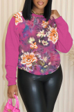 Rose Red Casual Floral Print O Neck Long Sleeve Fall Winter Sweatshirt