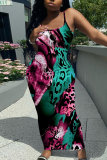 Claret Casual Graphics Print Sleeveless Backless Spaghetti Strap Long Bodycon Maxi Slip Dress