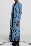 Blue Casual Turndown Collar Long Sleeve Fringed Trim Hollow Out Longline Denim Jacket