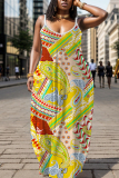 Blue Graphcis Print Backless Spaghetti Strap Floor Length Vacation Baggy Sundress Slip Maxi Dress
