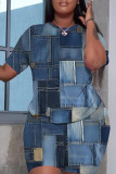 Medium Blue Casual Graphics Print O Neck Short Sleeve Oversize T-Shirt And Shorts Two Pieces Shorts Sets