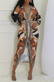 Brown Casual Graphics Print V Neck Long Sleeve Ruched Front Slit Formal Evening Party Long Bodycon Maxi Dress