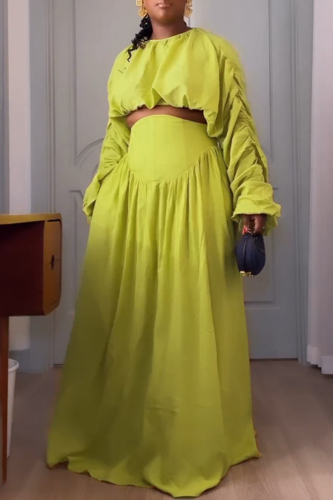 Green Pile Up Sleeve Ruched Belted Crop Tops And Pleated Maxi Skirt Casual Vacation Two Pieces Dress Sets