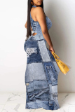 Dark Blue Faux Denim Print O Neck Sleeveless One Step Skirt Party Evening Party Bodycon Maxi Dresses