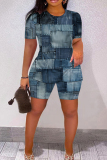 Dark Blue Casual Faux Denim PrintO Neck Short Sleeve Oversize T-Shirt And Shorts Two Pieces Shorts Sets