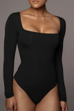 Black Casual Square Neck Long Sleeve Sportwear Skinny Romper Womens Fleece-Lined Base Layer Bodysuits