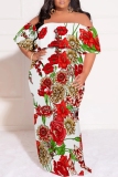 Pink Casual Floral Print Off Shoulder Flutter Sleeve Long Loose Vacation Plus Size Maxi Dresses