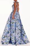 Blue Casual Floral Print Sleeveless Backless Belted Spaghetti Strap Tie Shoulder Vacation A Line Maxi Slip Dresses
