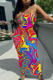 Claret Casual Graphics Print Sleeveless Backless Spaghetti Strap Long Bodycon Maxi Slip Dress