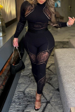 Black See-Through O Neck Long Sleeve Skinny Jumpsuits One Piece Bodysuit