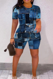 Dark Blue Casual Faux Denim PrintO Neck Short Sleeve Oversize T-Shirt And Shorts Two Pieces Shorts Sets