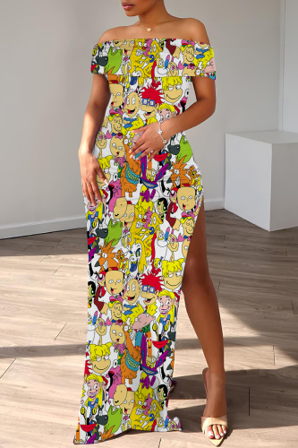 White Print Off Shoulder Flutter Sleeve Backless High Slit Long Formal Party Evening Bodycon Maxi Dress