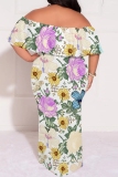 Pink Casual Floral Print Off Shoulder Flutter Sleeve Long Loose Vacation Plus Size Maxi Dresses