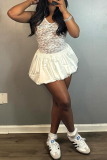 White Lace Sleeveless V Neck Lace Ruched Formal Evening Party A Line Bubble Mini Dresses