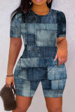 Dark Blue Casual Faux Denim PrintO Neck Short Sleeve Oversize T-Shirt And Shorts Two Pieces Shorts Sets