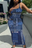 Blue Khaki Casual Graphics Print Sleeveless Backless Spaghetti Strap Long Bodycon Maxi Slip Dress