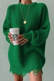 Green Casual O Neck Long Sleeve Ripped Knitted Sweater
