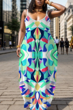 Blue Graphcis Print Backless Spaghetti Strap Floor Length Vacation Baggy Sundress Slip Maxi Dress