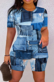 Dark Blue Casual Faux Denim PrintO Neck Short Sleeve Oversize T-Shirt And Shorts Two Pieces Shorts Sets
